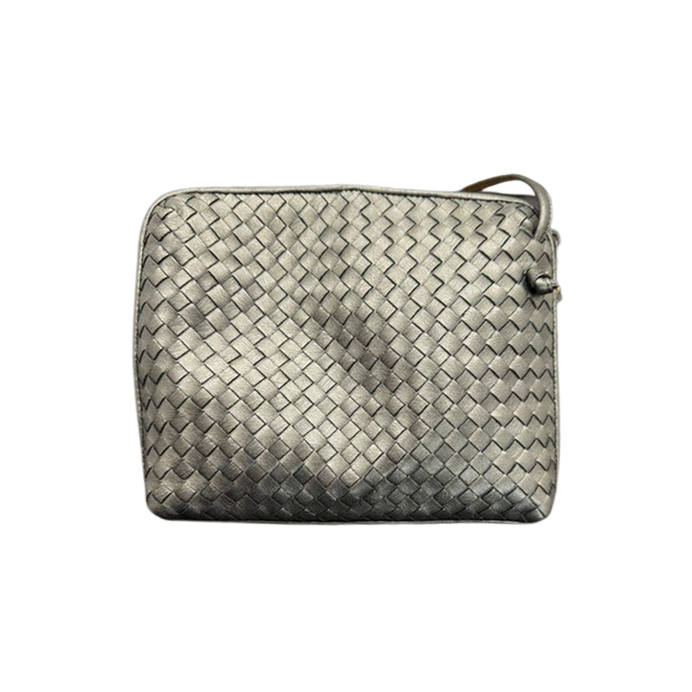 Bloomingdale's Gray Woven Leather Crossbody Shoulder Bag Purse Zip Top Classic